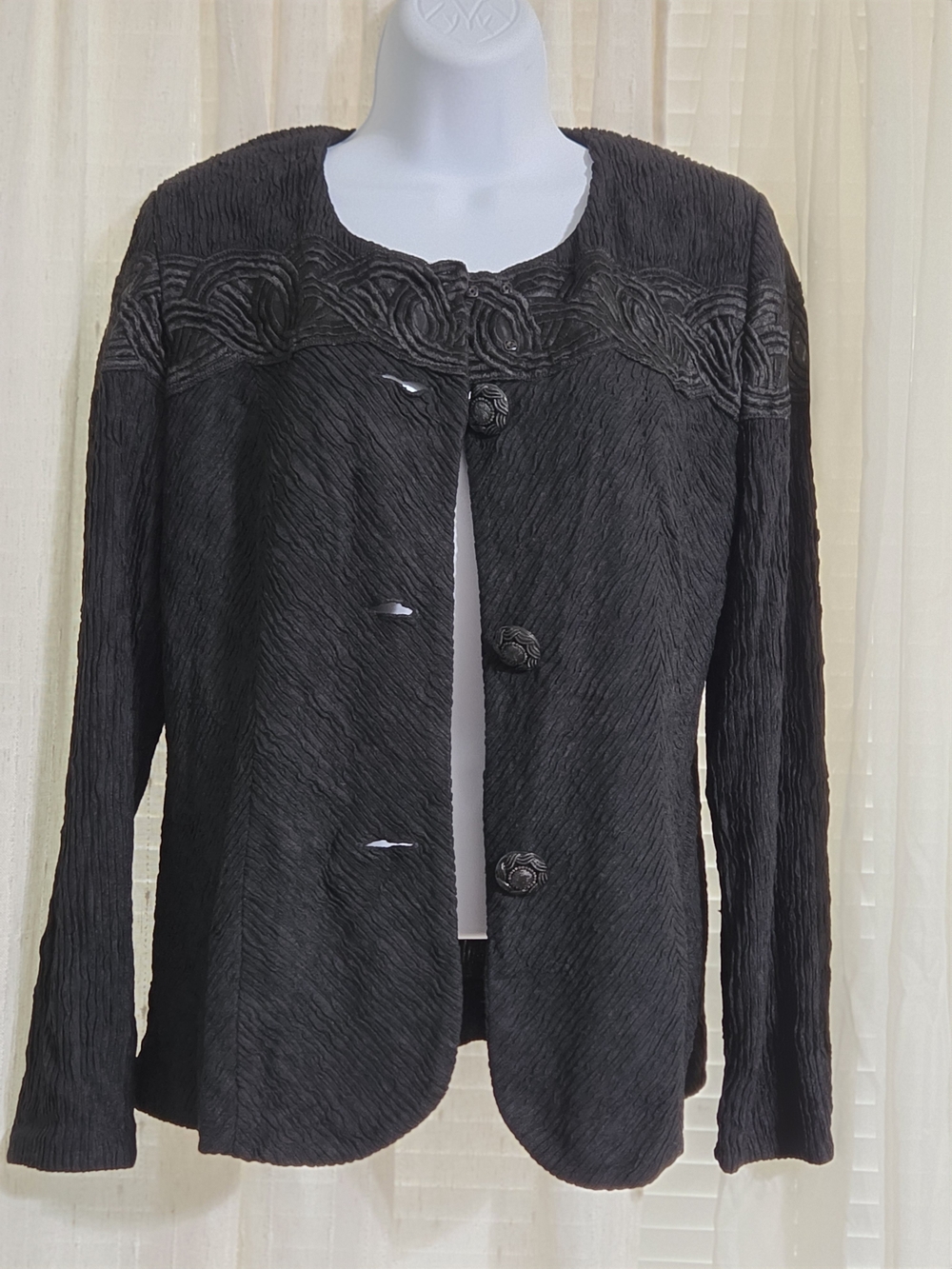 VTG Leslie Fay Black Textured Button-Front Jacket with Braided Yoke